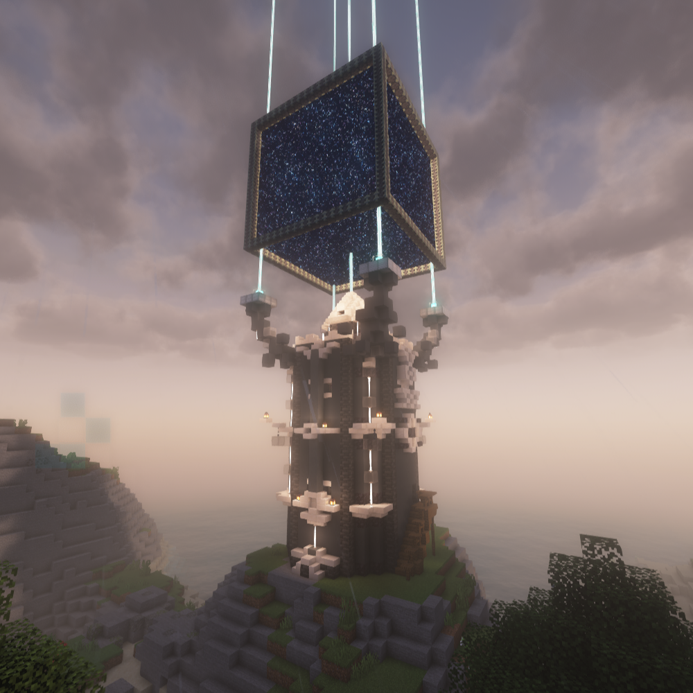 The Aether Spawn. A slate-gray tower with 5 beacons and a giant portal cube above it.